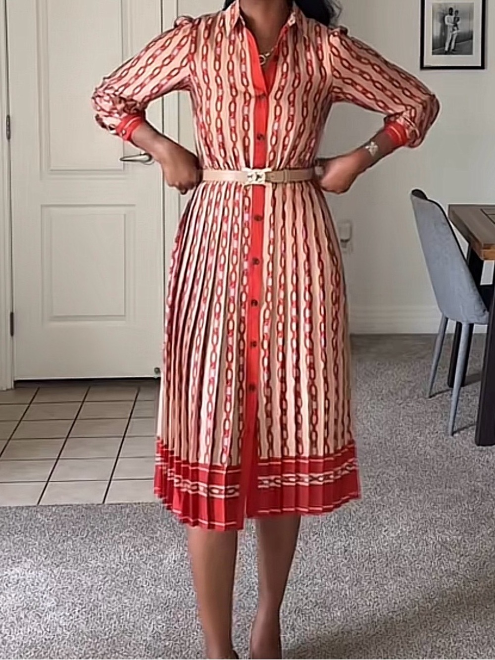 Ann Taylor Red and Cream Patterned Belted Midi Dress - Picture 3 of 11
